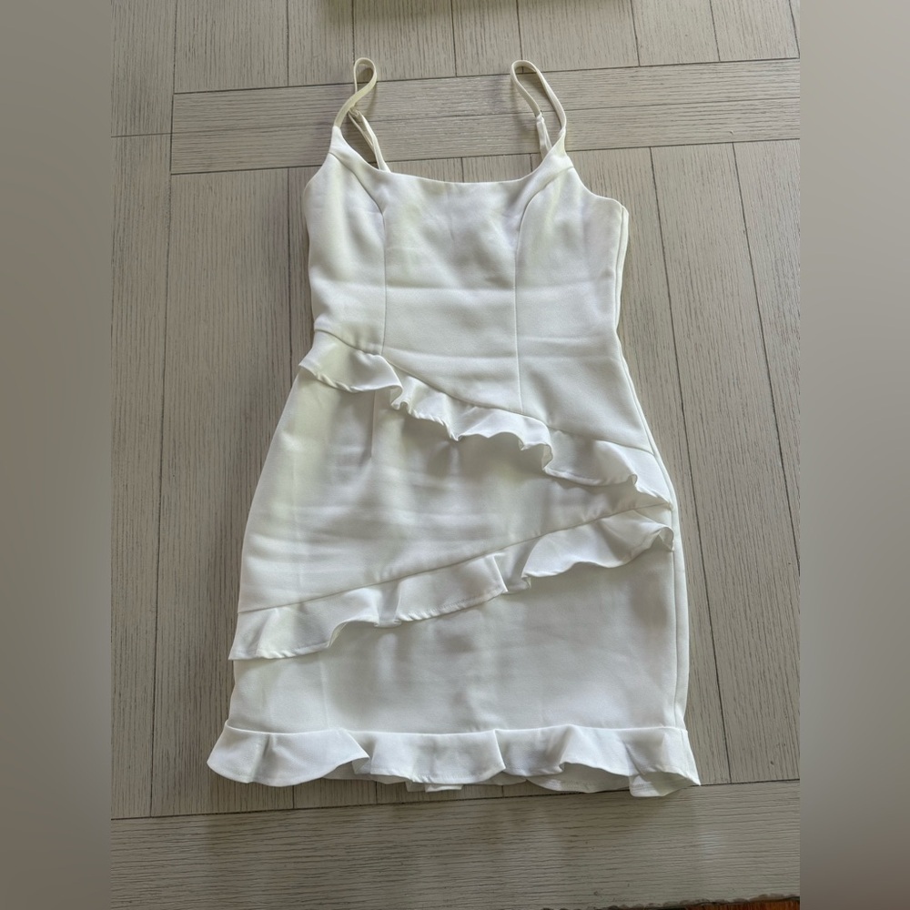 Hello Molly White Asymmetrical Ruffled Sheath Dress